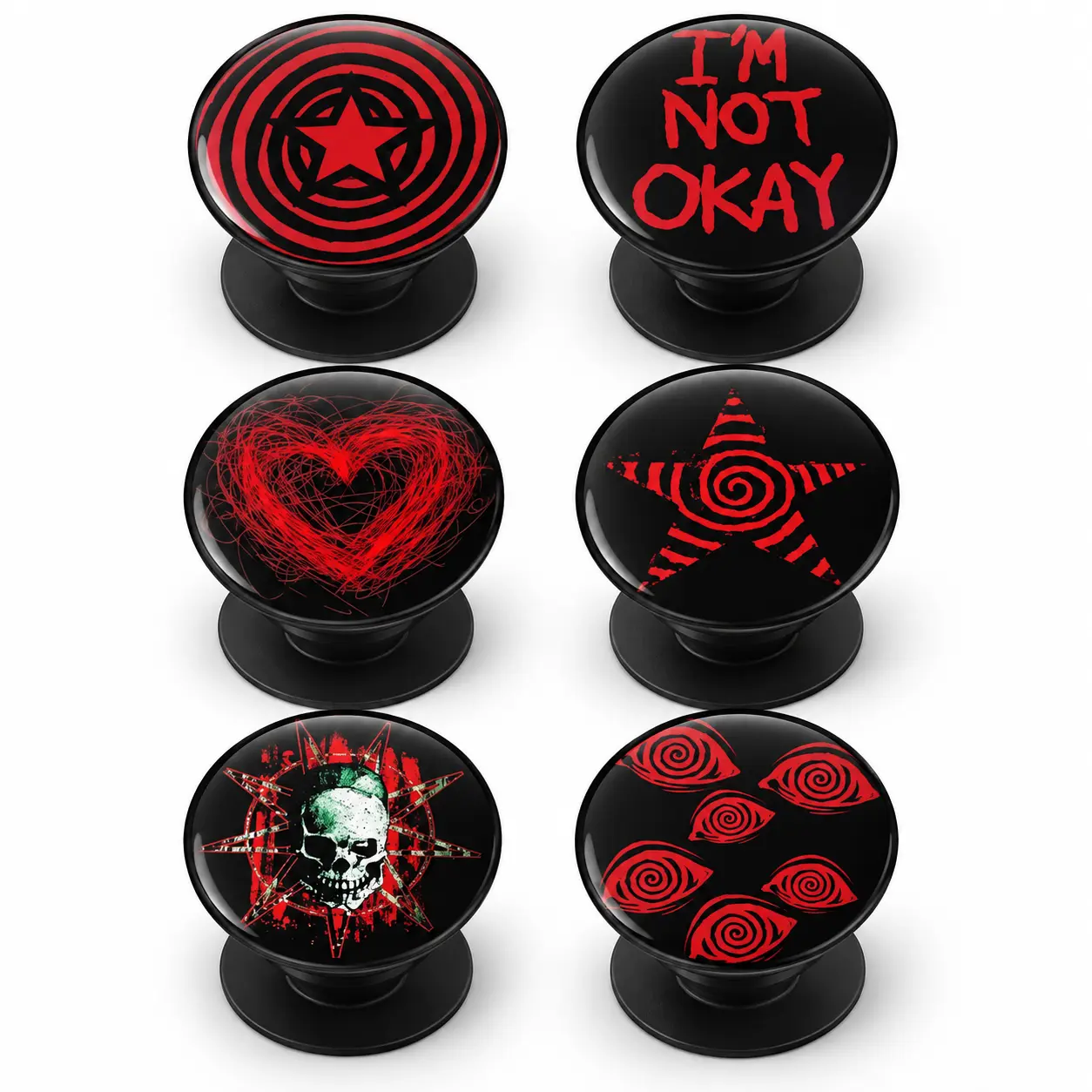 Red Black Gothic Phone Grip, Collapsible Round Phone Holder Stand, Star Heart Skull Spiral Eye Design, Alternative Style Phone Accessory for Smartphones