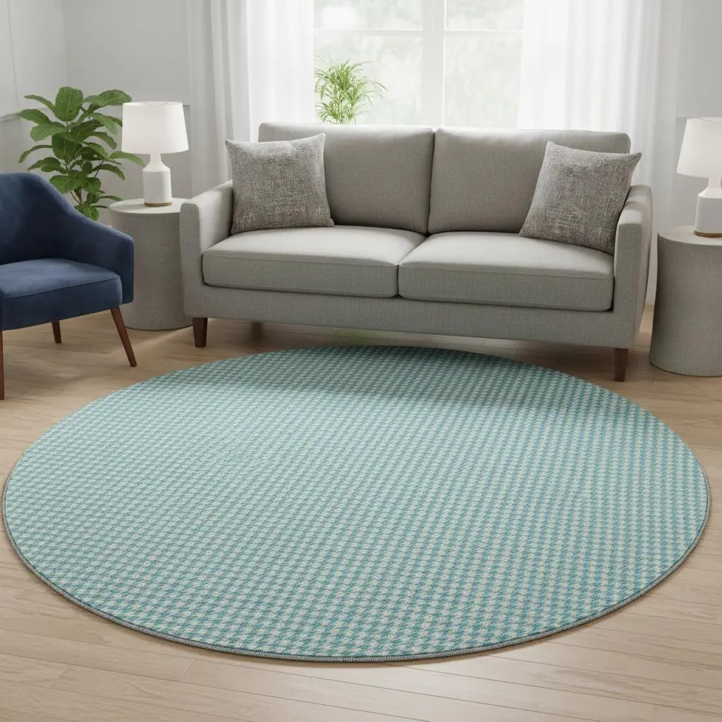 360 stand 8 ft. Aqua & White Houndstooth Washable Round Size Area Rug, Machine Woven Polyester Fiber, UV Protected, Transitional Look