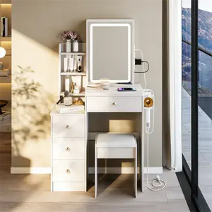 Small Vanity Table Set with Padded Stool and Hair Dryer Holder, Featuring a Touch-control LED Vanity Mirror with 3-color Lighting,2 AC+2 USB Ports