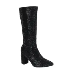 Black Rhinestones Embellished Sparkly Women's Boots with side zipper