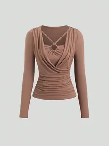 Women's Long Sleeve T-Shirt with Tie Neck, Slim Fit Bodycon Top, Casual Fashion Style Blouse for Daily Wear, Comfortable and Stylish  Valentine's Day