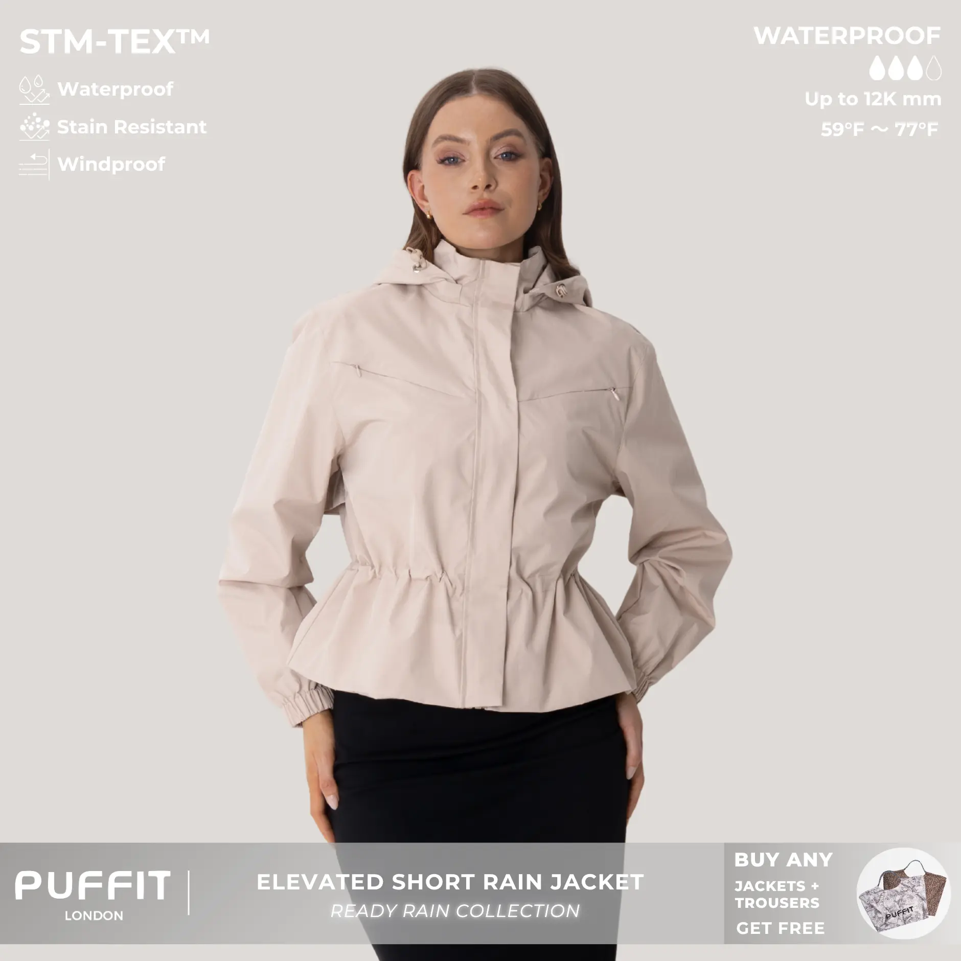 PUFFIT STM-TEX Elevated Short Detachable-hood Rain Jacket With Drawstring Waist,Breathable Eyelets & Multi-Pocket Design,Waterproof,Stain-Resistant,Windproof,Outerwear,Outdoor,Sport,Dog Walking,Windbreaker,Womenswear,Fall & Winter Jacket,2026 Shopping