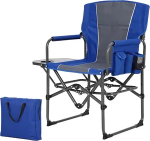 Oversized Folding Director Camping Chair, 1 Pcs Heavy Duty Portable Outdoor Chair with Aluminum Side Table & Pocket, Support 400 LBS Metal Frame, for Lawn, Fishing, Sports Events