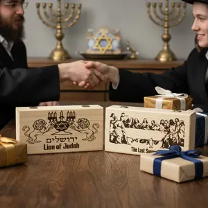 Set of 2 Wooden Boxes: ‘Lion of Judah’ Engraved with ‘Jerusalem’ & ‘The Last Supper’ – Religious Keepsake Boxes, 7-inch