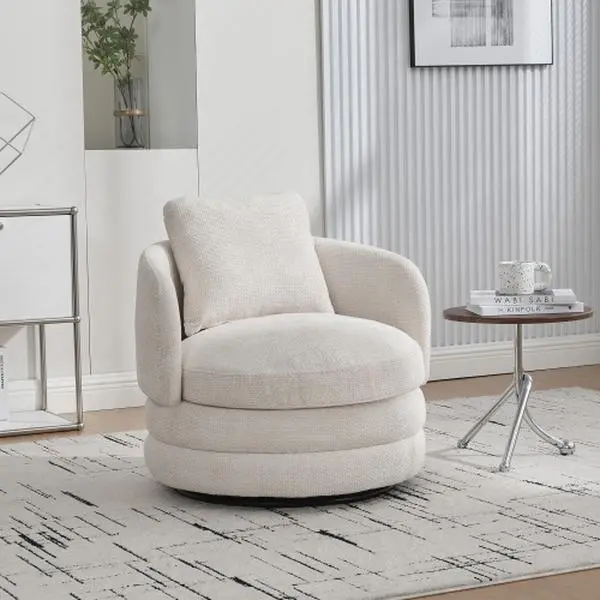 30" Width Dark Gray Chenille Simple Glam Round Barrel Swivel Tub Chair - Family-Friendly, Modern Durable Fixed Back, 360° Swivel, Curved Arms, Single Seat, Ergonomic Comfy Design with Pillow, Fully Assembled for Living Room, Reading Room