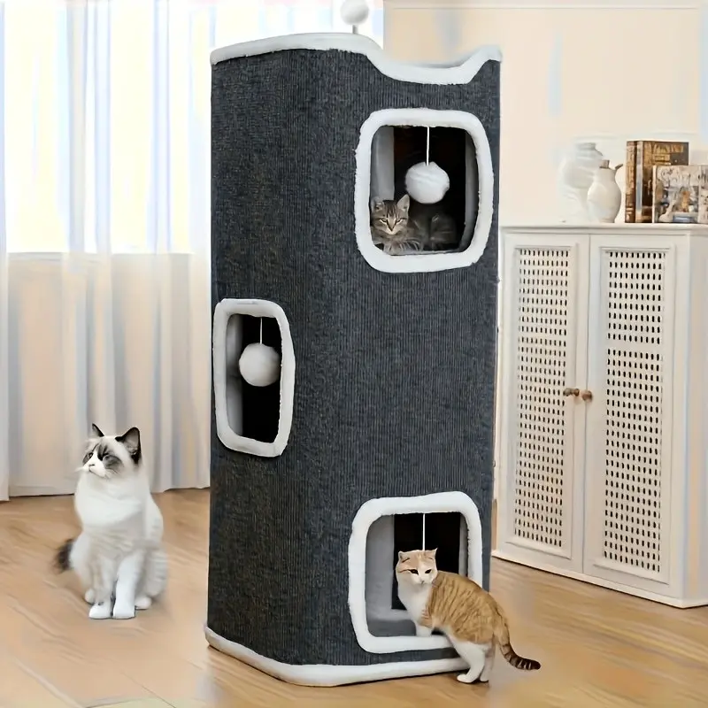 Cozy Multi-Level Cat Villa Tower with Sisal Scratching Post & Warm Condo Nest - Multi-Tiered Cat Tree Furniture Suitable for All Seasons, Soft Durable Sisal Panels for Climbing, Resting, Play for Cats - Ideal for Climbing and Lounging