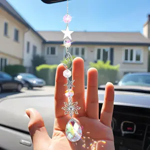 Celestial Car Charm Moon & Star Rear-View Mirror Accessory with Healing Crystals & Stones for Good Vibes Handmade Suncatcher 46cm Length Perfect for Car Decor & Gifts