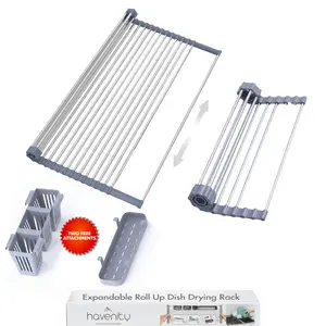 Havenity Expandable Roll Up Dish Drying Rack Stainless Steel Over The Sink Dish Drainer with 2 Removable Baskets Gray 22.8''-12.8'' Foldable for Kitchen Counter