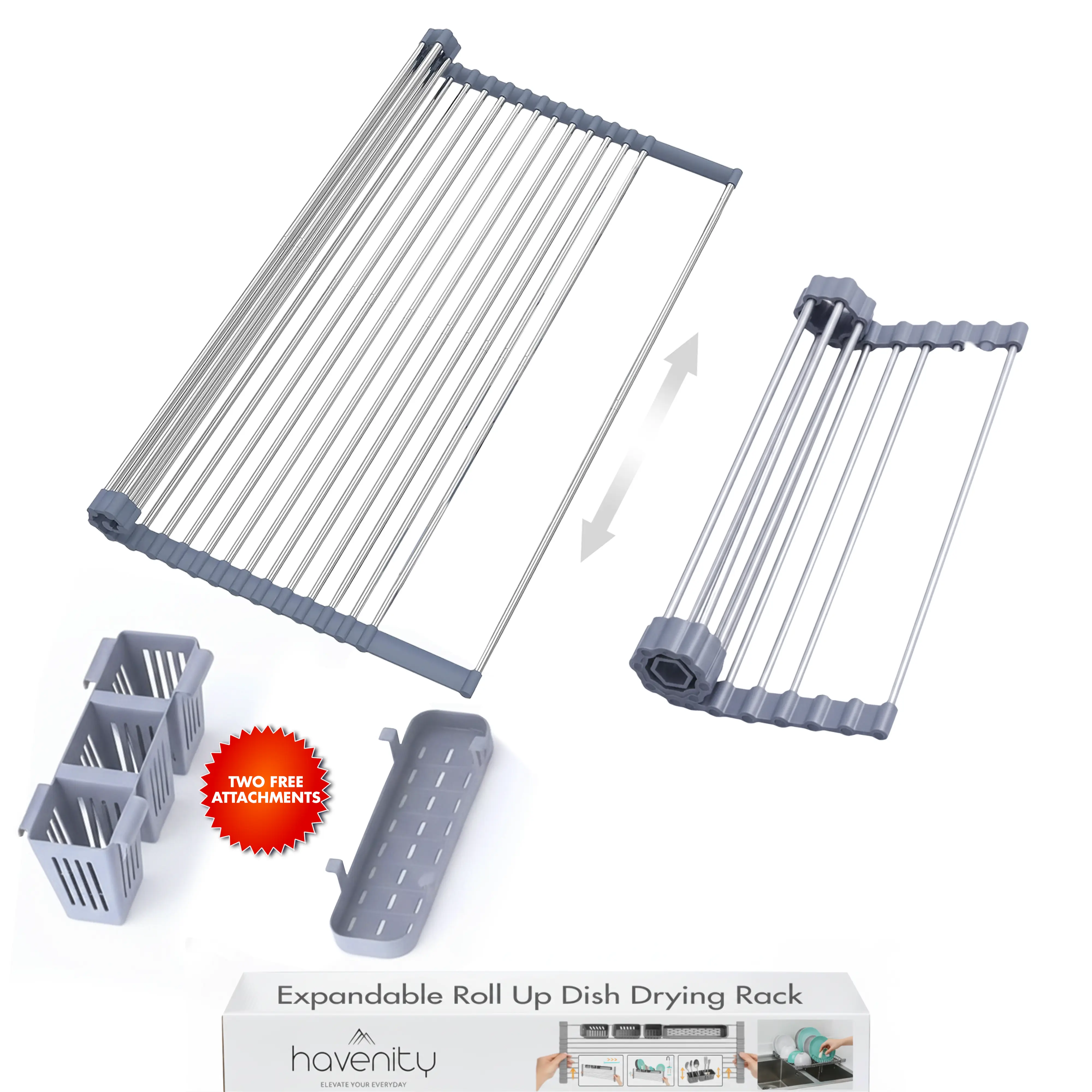Havenity Adjustable Stainless Steel Over-The-Sink Dish Drying Rack, Expandable Collapsible Roll-Up Kitchen Organizer with 2 Removable Baskets & Silicone Draining Boards (12.75"-22.8" W, 22.8" D, 0.39" H, Gray) for Counter & Cabinet, 22.8" Depth