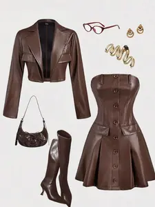 🔥 Women Burgundy PU Leather Two Piece Set With Cropped Jacket And Button Front Tube Dress.