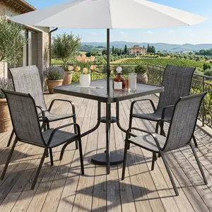 5 Piece All Weather Patio Dining Set, Stackable Textilene Chairs With Glass Top Metal Table, Umbrella Hole Design Outdoor Furniture For Garden Poolside Backyard Lawn
