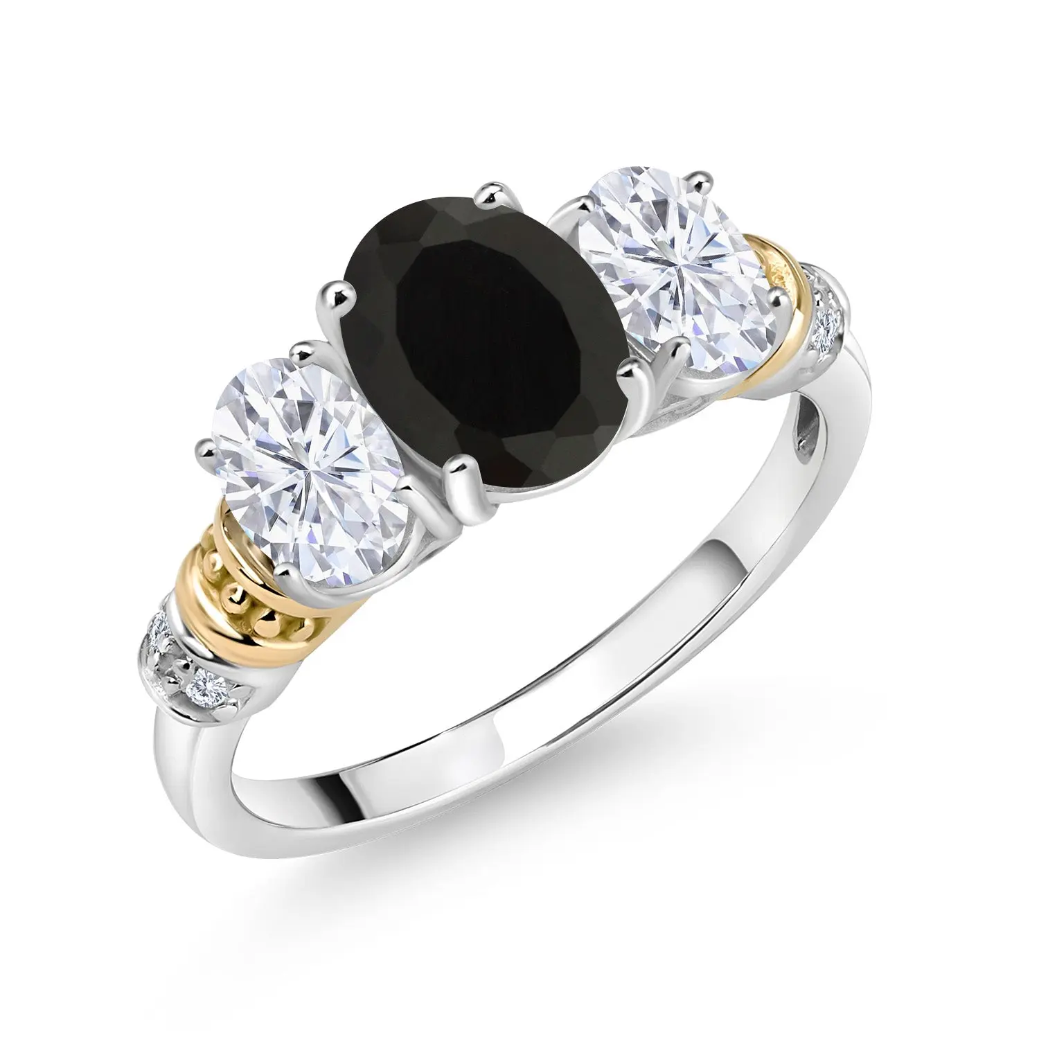 2.63 Cttw Oval Black Onyx White Moissanite and White Diamond 3-Stone Ring For Women | 925 Sterling Silver and 10K Yellow Gold | Wedding Engagement Anniversary Promise Ring