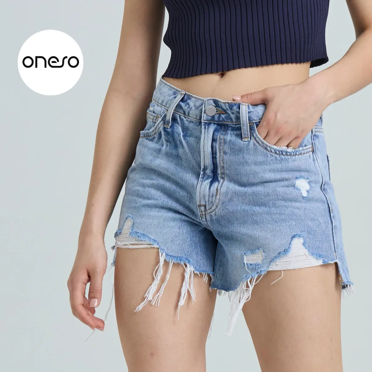 Riley ONESO Stretchy Denim Shorts High Rise Frayed Raw Hem Ripped Jean Shorts Distressed Summer Beach Outfits