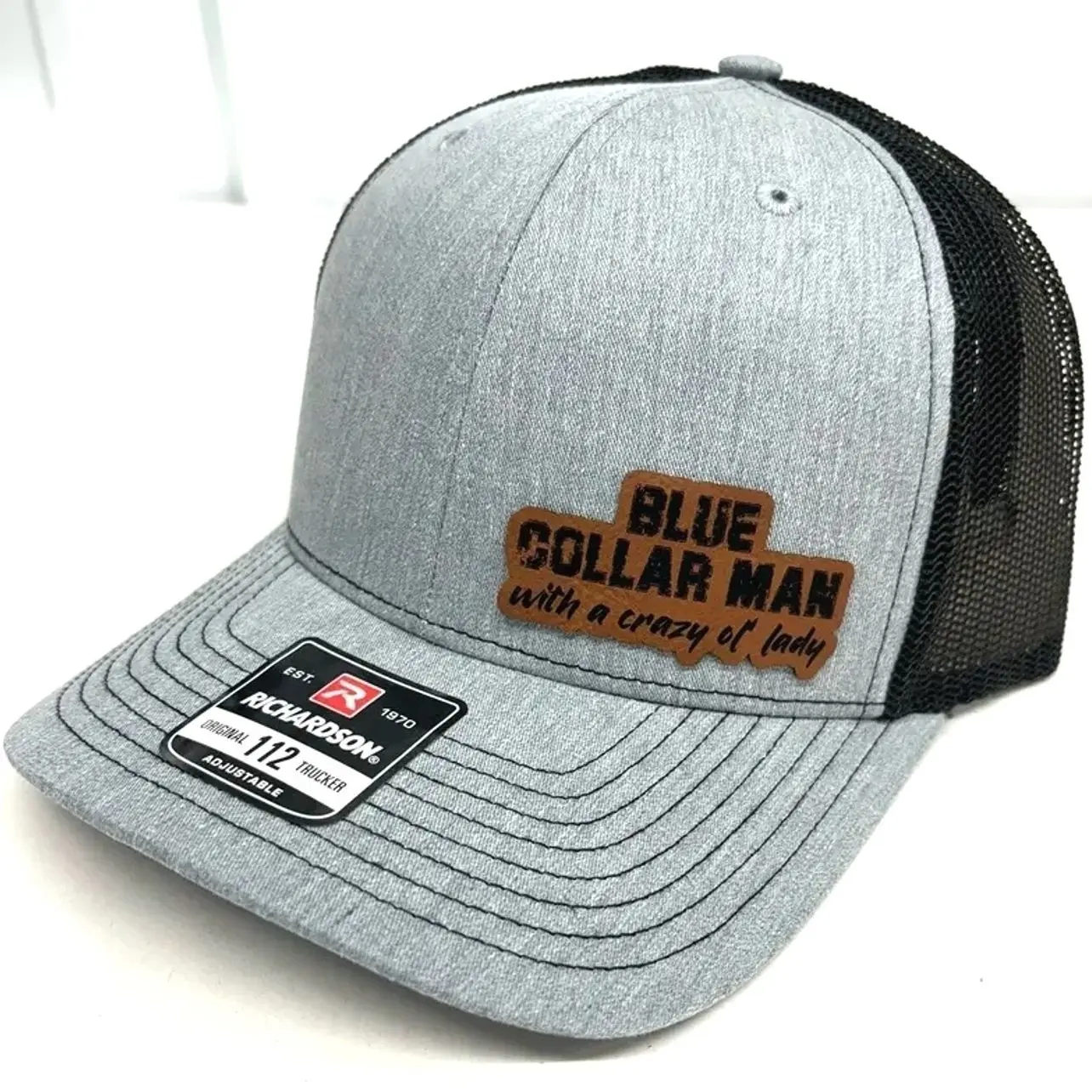 Vintage Blue Collar Man with A Crazy ‘Ol Lady Hat - Richardson 112 | Worker Leather Patch Snapback hat | Gift for Him