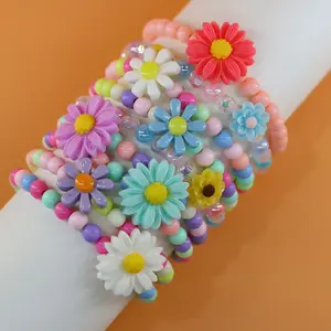 9pcs Daisy Sunflower Bracelet Set, French Country Style Beaded Jewelry, Colorful Flower Pendants, Stretchy Acrylic Material, All Seasons