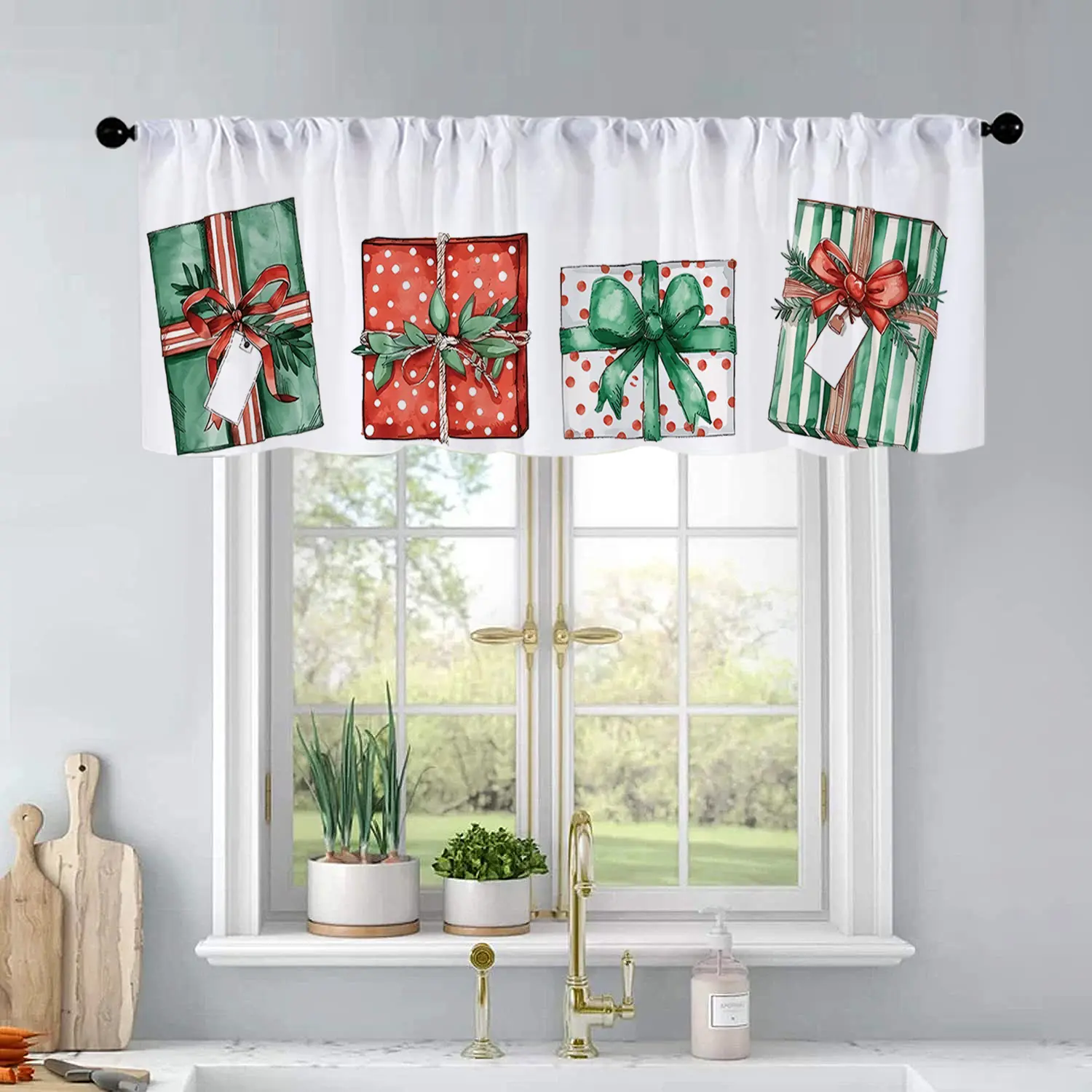 1pc Christmas and New Year printed kitchen curtains Watercolor Christmas Gift Box ,Winter Ho curtains valance window treatment living room bedroom home decor 54 x 18 inch