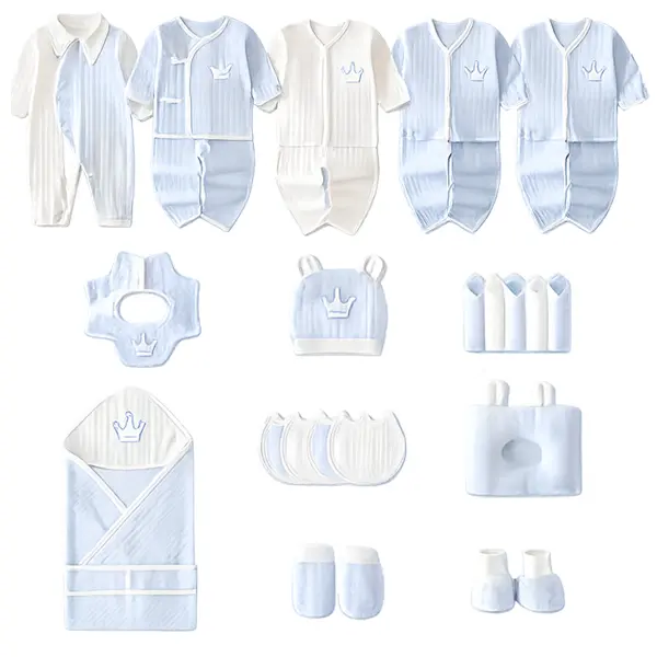 27pcs Newborn Baby Gift Set (0-3M) | 100% Cotton Neutral Blue Essentials w/ 5 Outfits + Swaddle + Footies