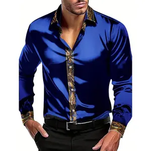 Men's Lapel Patchwork Long Sleeve Shirts, Casual Button Up Shirt For Formal Occasions