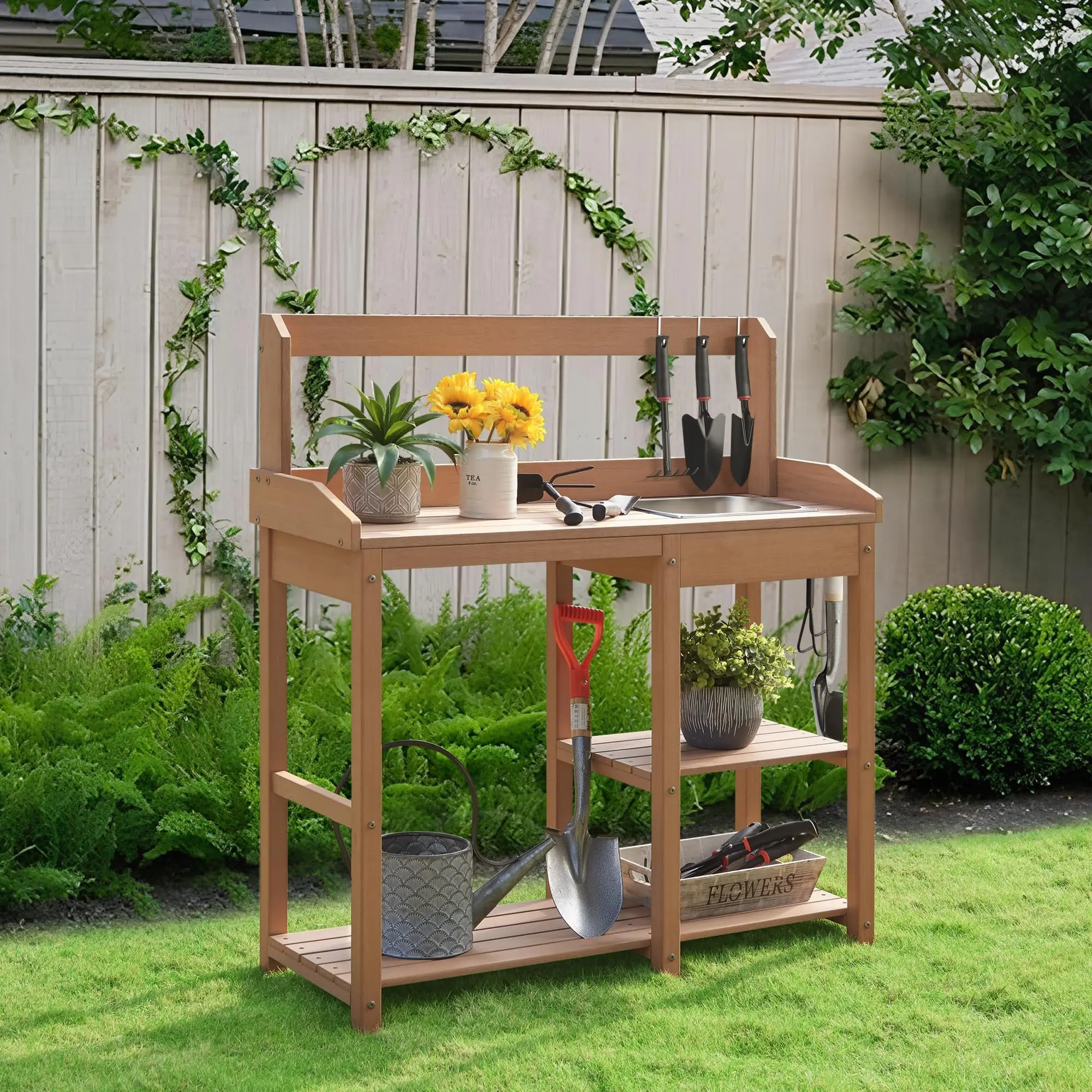Outdoor Potting Bench Table with Sink for Outside Garden, | HDPE Garden Workstation with 5 Tool Hooks & Removeable Sink, All-Weather Patio Potting Table for Backyard