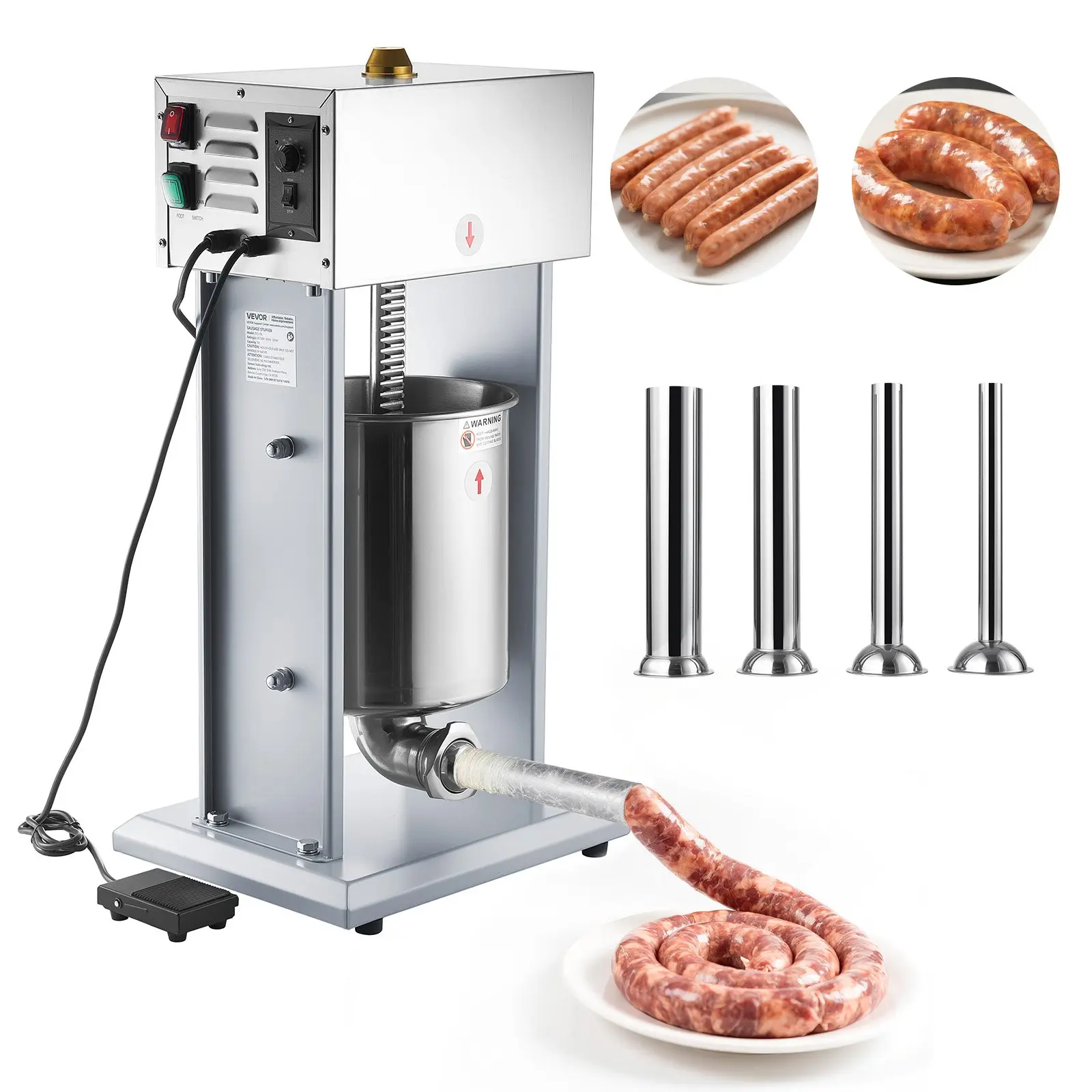 VEVOR Stainless Steel Sausage Stuffer, 22 lbs/10 L Vertical Meat Filler with 29.2 kg/64.37 lbs Capacity, Stepless Speed Adjustment, Foot Pedal, 4 Filling Tubes, Stable Base, Side Panels, for Commercial & Home Use