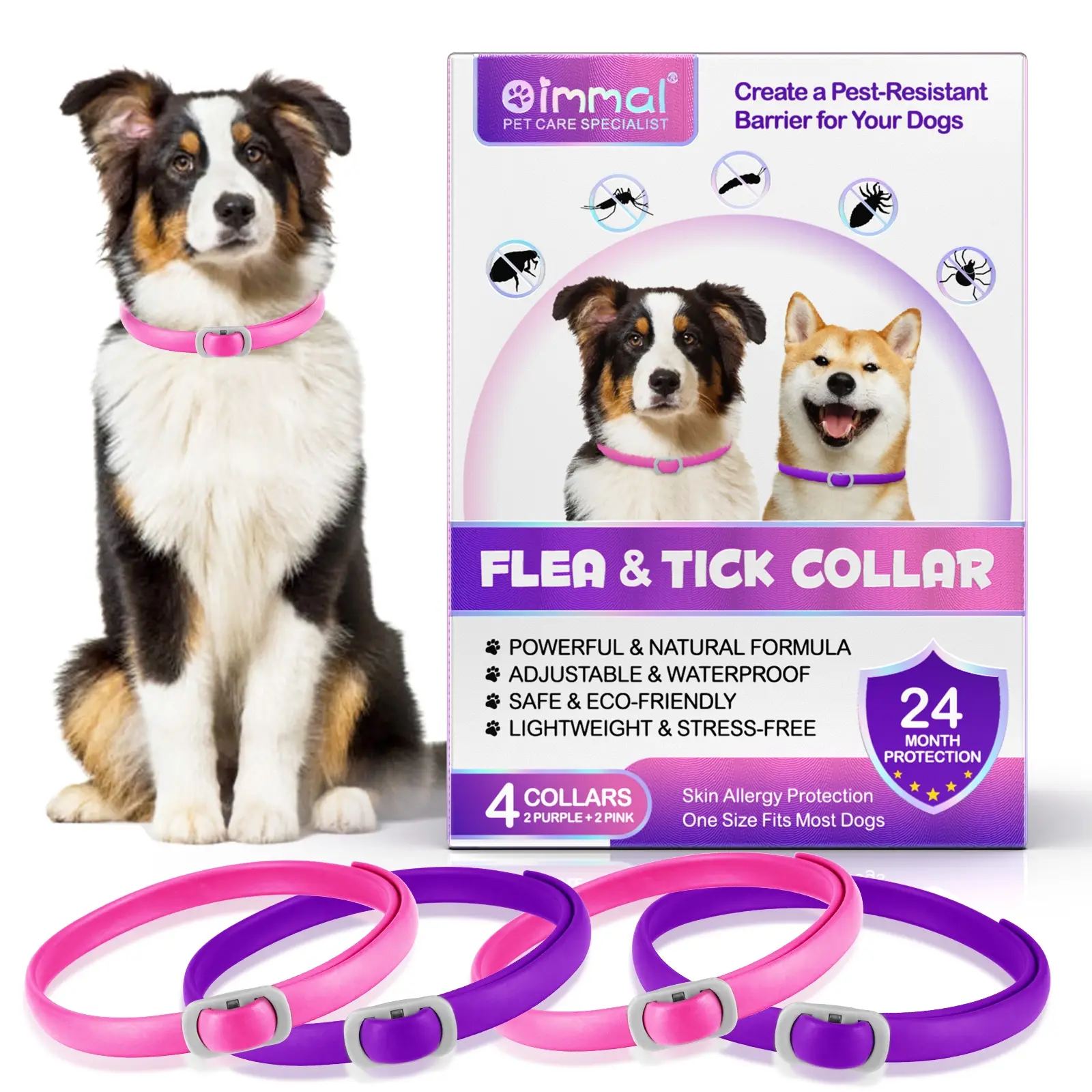 Oimmal Dog Flea Collar Set, Adjustable Anti-Flea & Tick Prevention, 4 Pack, Colors, Flea Tick Chewables