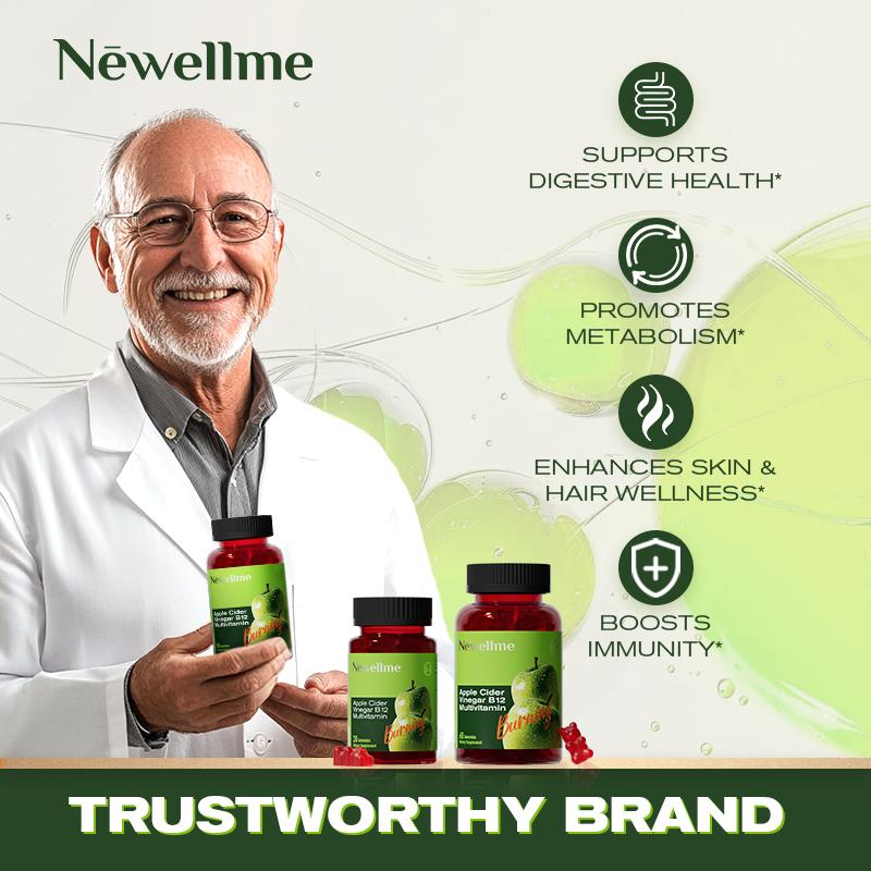 Newellme Apple Cider Vinegar Gummies with Vitamin B12 162g 60 Gummies Supports Digestion Detoxification Cleansing Made in USA Promotes Metabolism Enhances Skin Hair Wellness Boosts Immunity Healthcare Dietary Edible