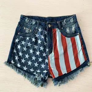 Trend Fashion women - Denim Shorts Women Jeans Knee Length Pentagram Print Tassels Mid Waist Washed Distressed 2026 Streetwear Summer Short Pants