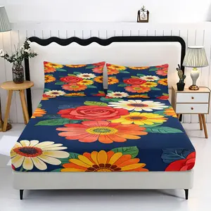 Colorful Large Flower Pattern Bedding Set, Includes 1 Fitted Sheet and 2 Pillowcases, Polyester Material, Digital Print, All Seasons Use