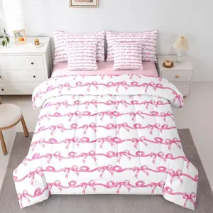 Feelyou 7-Piece Queen Ultra Soft Bedding Set, Pink and White Bow Striped Design with Ribbon Bow Fitted/Flat Sheets, Coquette Aesthetic for Teens (Multi-Size Option Available)