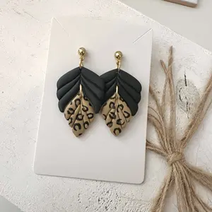 Leopard Print Polymer Clay Earrings Handmade Dangles Black Gold