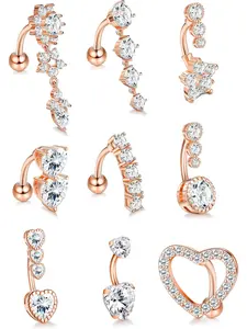 9 Pcs Surgical Steel Belly Button Rings for Women 14G Belly Ring CZ Heart Reverse Navel Ring Dangle Belly Piercing Body Jewelry Pack Body Piercing Kit Body Piercings Set