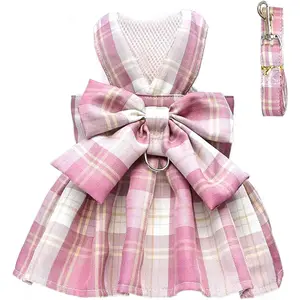 Plaid Dog Dress Bow Tie Harness Leash Set for Small Dogs Cats Girl Cute Princess Dog Dresses Spring Summer Puppy Bunny Rabbit Clothes Chihuahua Yorkies Pet Outfits Four Seasons Grid Cat and Dog Dress Cute Small Dog Angel Dress