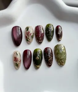 Moss Green Press On Nails, Vintage Burgundy Nails, Gold Floral 3D Relief Nails, Gold Vine Design, Gothic Floral Nails
