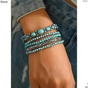 Boho Style Turquoise Decorated Bracelet Set, Vintage Trendy Elastic Bracelet, Fashionable Jewelry for Women & Men, Trendy All-match & Exquisite Jewelry for Birthday Gift