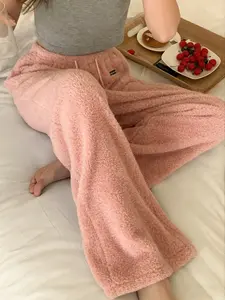 Women's Solid Color Pocket Drawstring Waist Fleece Pants, Casual Comfortable Warm Long Pants for Fall & Winter, Soft Knit Home Wear