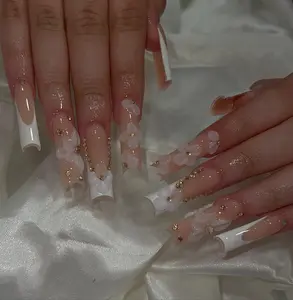 Elegant 3D White Flower French Tip Press On Nails | Long Square Bridal Fake Nails | Luxury Rhinestone Wedding Nail Art for Bride, Prom
