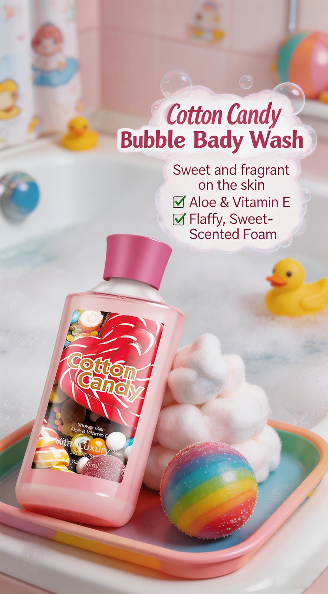 Mother's Day Gift-Vital Luxury Cotton Candy Scented Bath-3 Travel Set - 3oz Shower Gel,3oz Body Lotion, 3oz Body Mist & 2.5oz Bath Salts | SilkyLather, All-Day Freshness, Intense Moisture | Ideal Gift forMom, Wife, Sister & Girlfriend