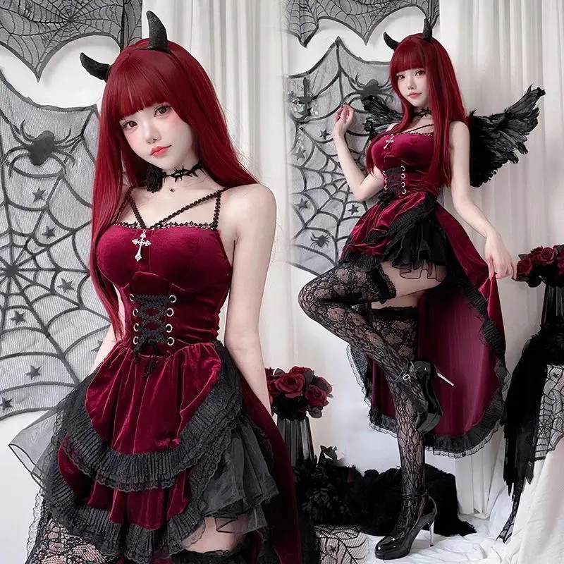 Y2K Aesthetic Gothic Victorian Vampire Bride Dress for Women Japanese Vintage Long Tail Witch Cosplay Costume Halloween Party