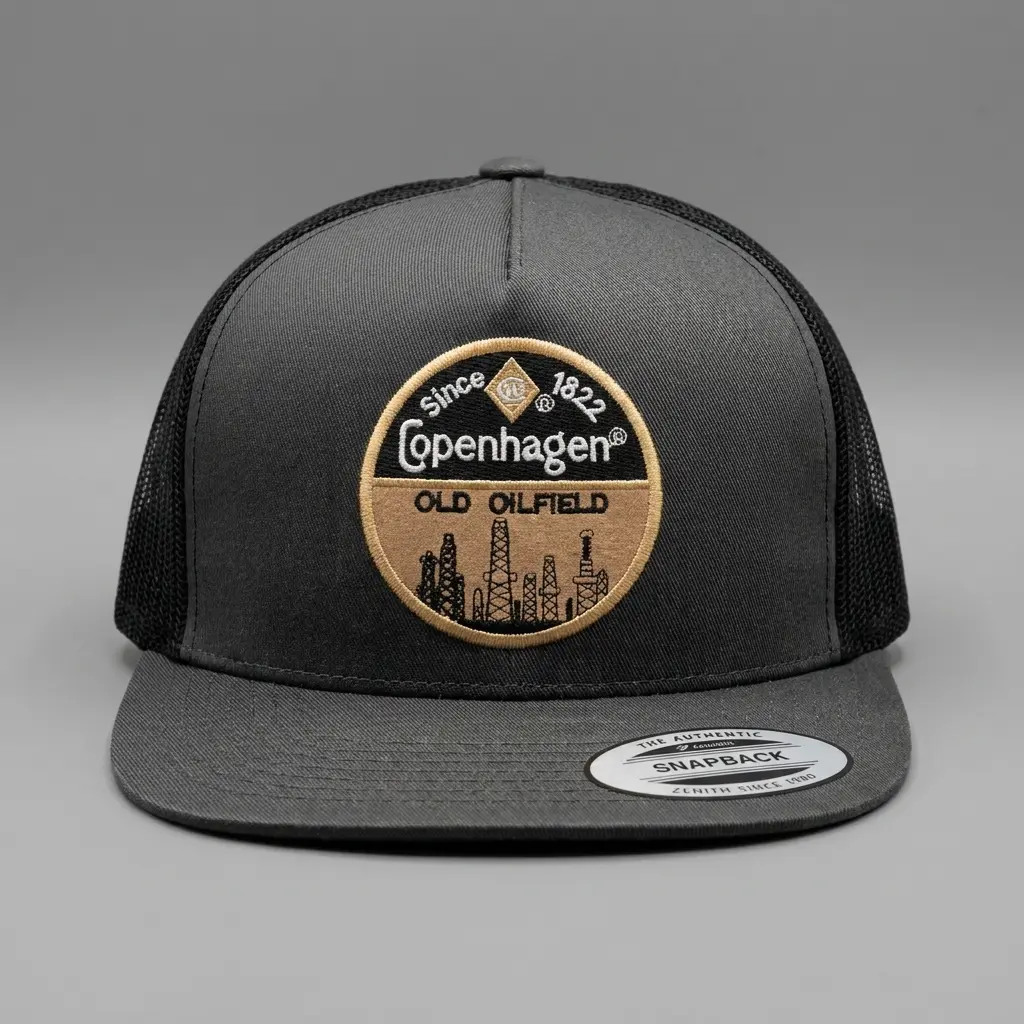Copenhagen Old Oilfield Since 1822 Snapback Trucker Hat - Vintage Style Oil Rig Patch Cap - Black Mesh Back Baseball Hat - Durable Workwear Headwear for Men - Industrial Oil Patch Heritage Gift - Adjustable Flat Bill Snapback Hat