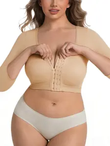 1 Count Women's Solid Color Long Sleeve High Compression Shapewear Top, Front Hooks Closure Push Up Bra, High Stretch Corset Crop Shaperwear Tank, Tightens Side Breast Areas Back Pressure Sculpts Body Shaper, Perfect for Yoga & Gym, Activewear