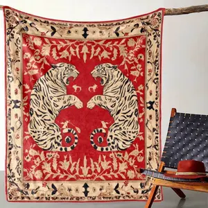 Vintage Tiger Print Flannel Throw Blanket - Soft Warm Cozy All-Season Red & Black Tiger Design with Beige Background Soft Funny Throw Summer Blanket Cozy Lightweight Plush Portable Cover Blanket