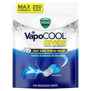 Vicks VapoCool Severe Medicated Sore Throat Drops, 200 ct. Fast Relief Menthol Oral Anesthetic Winterfrost Flavor