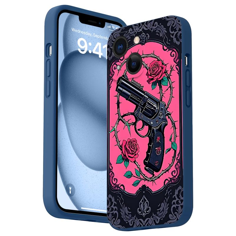 Straight Edge Gun And Rose Pattern Man's Phone Case for iPhone 15 16 14 Pro Max 13 12 11 XR XS Plus Shockproof Non Slip Military-Grade Protection Silicone Cover Cellphone Protective Smartphone Casing