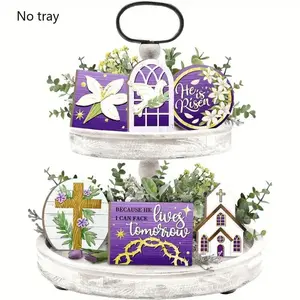 Happy Easter Themed Wooden Tiered Tray Decor Set, 1 Set Religious Themed Decorative Plaques & Ornaments without Tray,   Party Holiday Decor