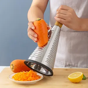 Stainless steel cone-shaped 3-sided grater with wooden handle. Ideal for shredding cheese, fruits and vegetables. A versatile and practical kitchen gadget.