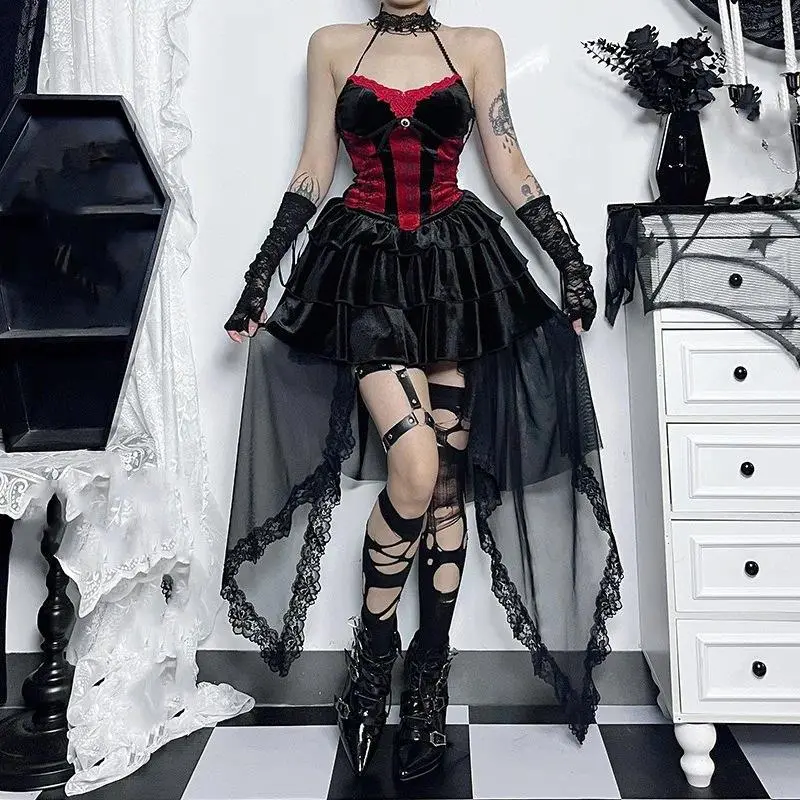 Women's Victorian Gothic Lace High-Low Skirts Lolita Layered High-Waisted A-Line Tulle Bustle Skirt for Halloween Party