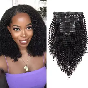 Megeen Hair  Clip Ins Hair Kinky Curly Clip In Hair Extensions Human Hair Full Head Afro Kinky Curly Clip Ins Bundles Natural Black