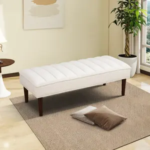Modern Tufted Entryway Bench, Sherpa Upholstered Wood Floating Design Ottoman Bench Seats for Bedroom, Window, Living Room Indoor Hallway,White