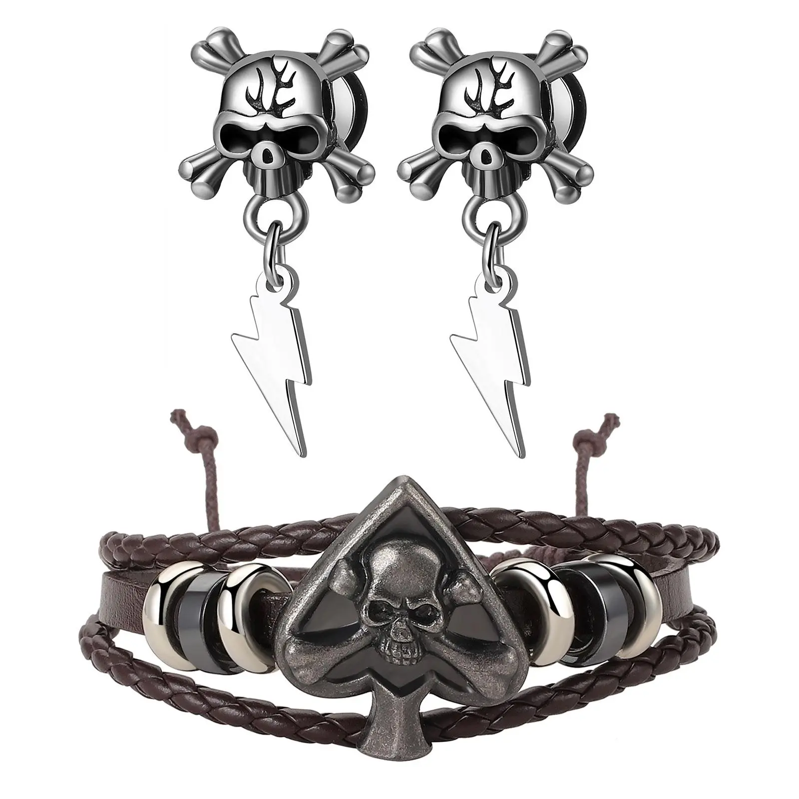 OIDEA Gothic Skull Lightning Stainless Steel Earrings and Ace of Spades Skull Poker Leather Bracelet Set for Men Punk Hip Hop Jewelry