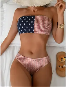Women's All-Season Patriotic Smocked Bandeau Bikini - Stars & Stripes High Waist Bathing Suit, Beach Outfits for 4th of July & Summer Beach Days